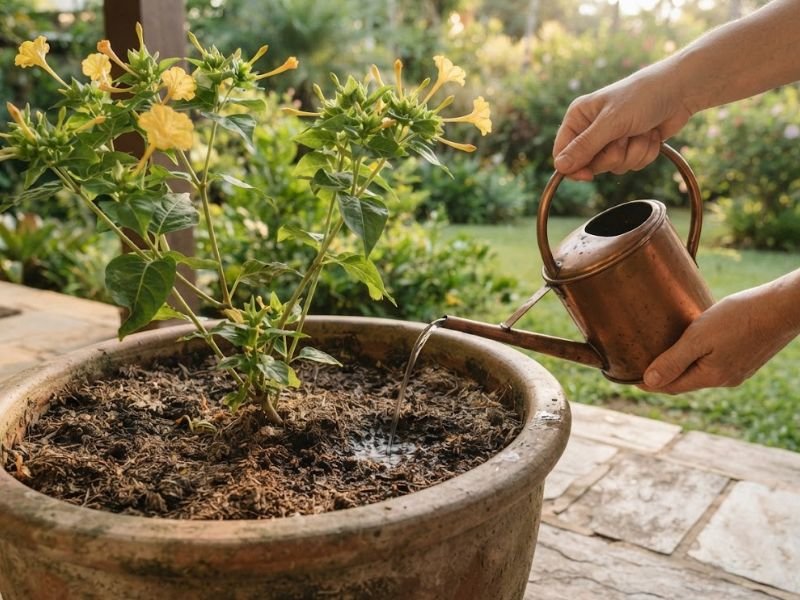 Pessoa regando o substrato de uma flor maravilha amarela cultivada em vaso de cerâmica.