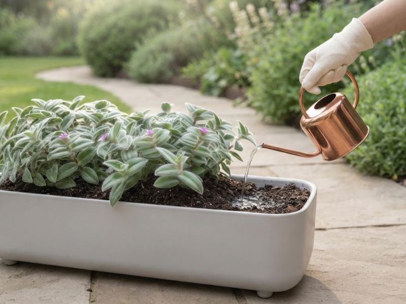 Regador despejando água no substrato de uma jardineira com Tradescantia sillamontana.