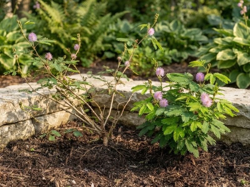 Planta dormideira envelhecida ao lado de exemplar jovem e vigoroso