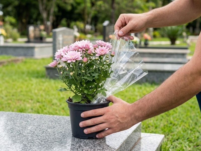 Pessoa retirando uma embalagem plástica transparente de um vaso de crisântemos rosa-claro no cemitério.