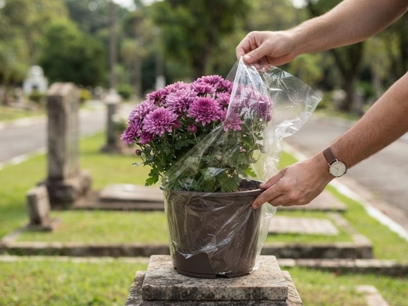 Duas mãos retiram a embalagem transparente de um vaso com crisântemos lilases no cemitério.