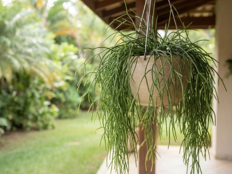 Rhipsalis macarrão com caules verdes finos formando cascata em vaso suspenso
