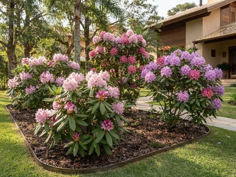 Rododendros com conjuntos de flores rosa e lilás nas pontas dos ramos e folhas grandes alongadas.