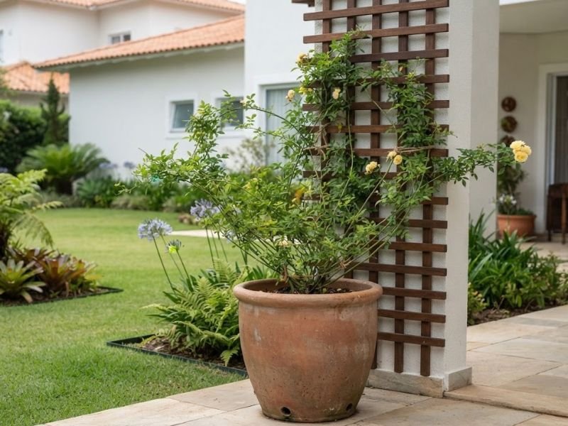 Rosa banksiae jovem cultivada em vaso grande junto a treliça