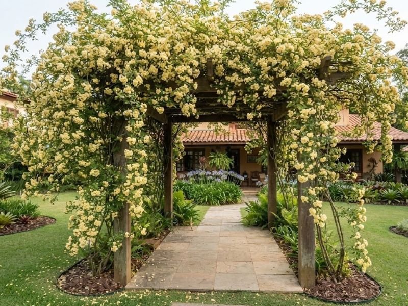 Rosa banksiae florida cobrindo grande pérgola em jardim residencial