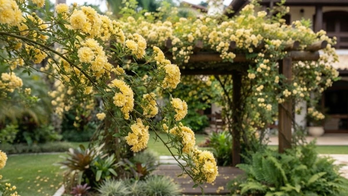 Rosa banksiae amarela com ramo florido em primeiro plano e pérgola ao fundo