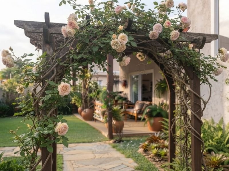 Rosa trepadeira com flores claras conduzida sobre arco de jardim
