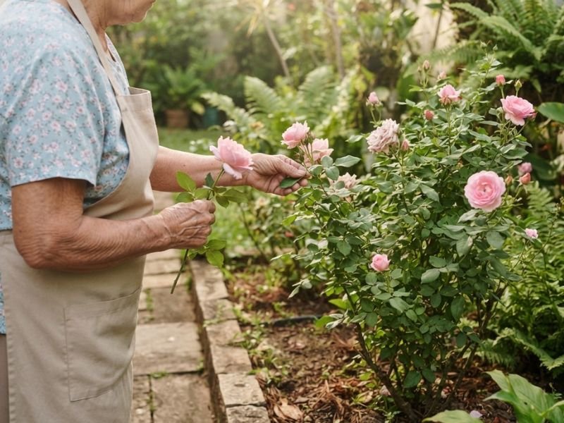 Senhora segurando uma rosa colhida enquanto observa os ramos de uma roseira no jardim de casa.