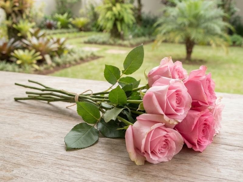 Buquê de rosas cor-de-rosa amarrado com cordão sobre uma mesa de madeira.