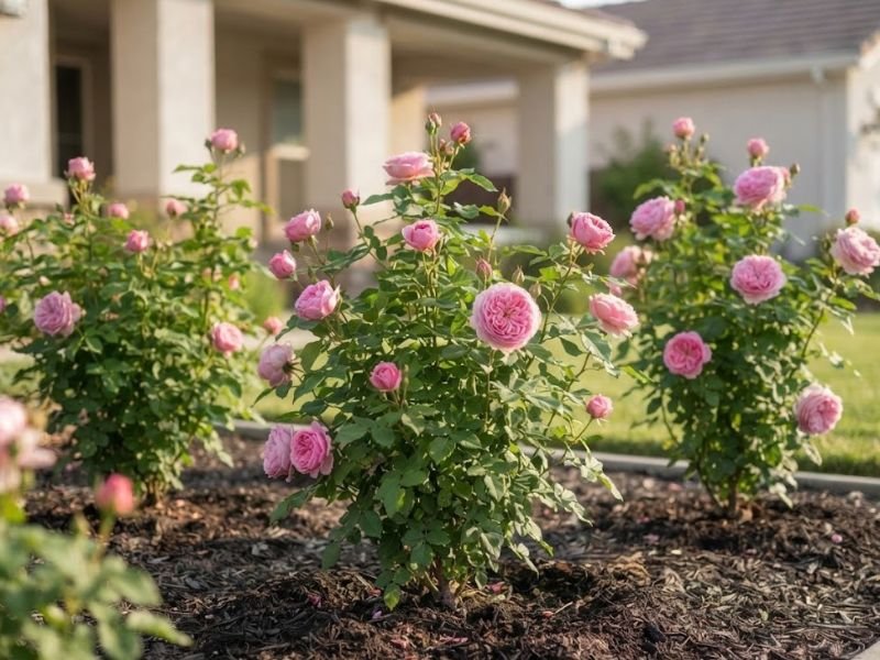 Roseiras arbustivas com flores cor-de-rosa e botões em canteiro diante de uma casa
