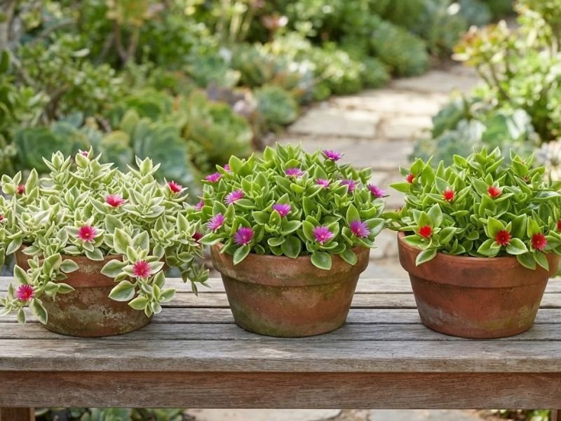 Três vasos de rosinha do sol: folhagem variegata à esquerda e folhas verdes com flores rosadas e vermelhas nos demais.