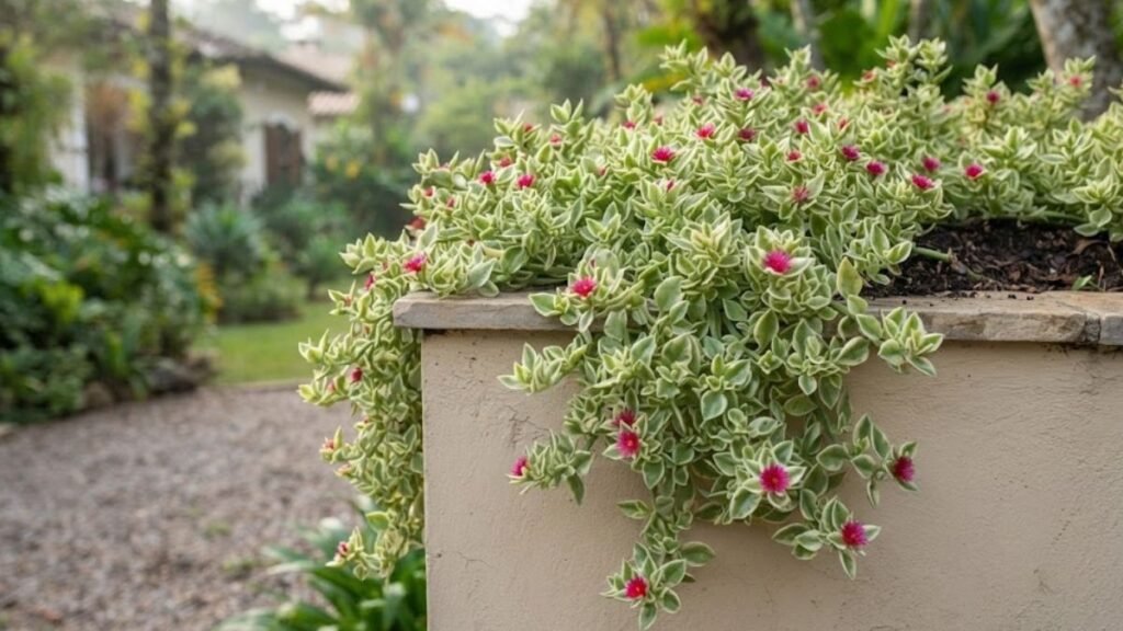 Rosinha do sol variegata com flores magenta e ramos pendentes sobre um muro bege.