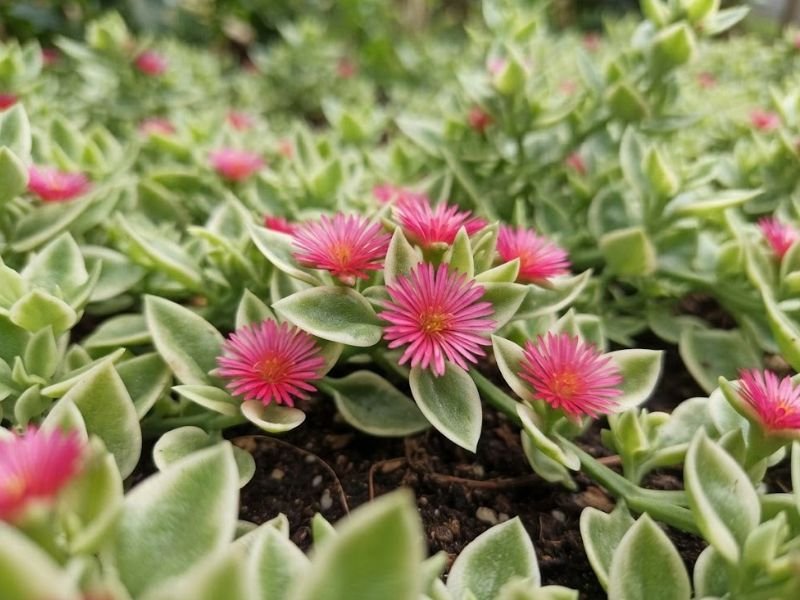 Flores rosadas abertas entre folhas verdes com margens creme de rosinha do sol variegata.