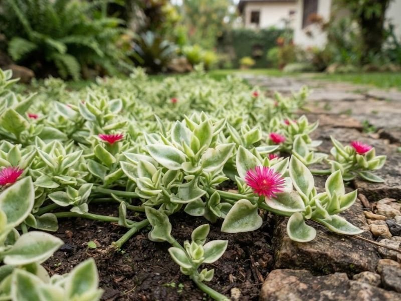 Folhas verdes com bordas creme e flores magenta de rosinha do sol variegata junto a um caminho de pedras.