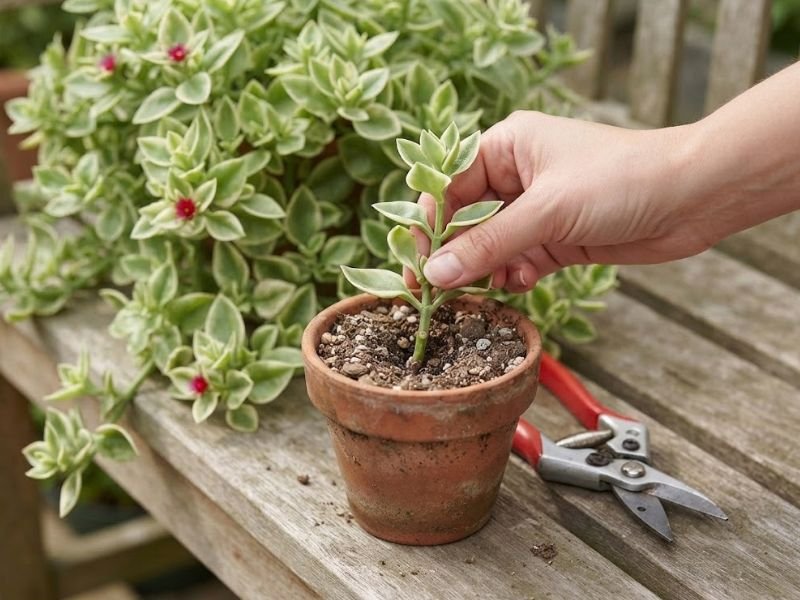 Mão segurando uma estaca de rosinha do sol variegata plantada em um pequeno vaso, com tesoura de poda ao lado.