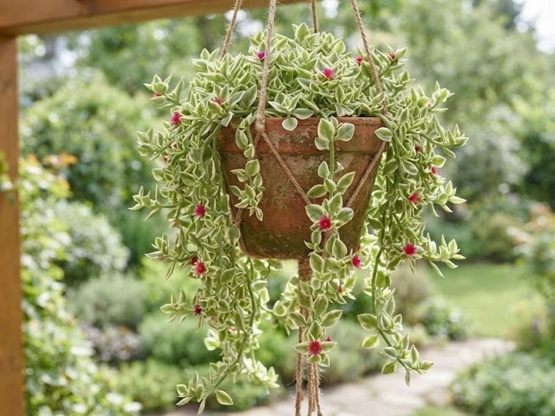 Rosinha do sol variegata com ramos pendentes e pequenas flores rosadas em vaso de terracota suspenso por cordas.