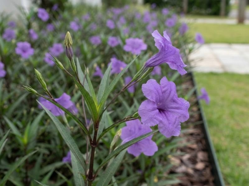 Flores violetas de ruélia fotografadas de perto, mostrando pétalas em formato de funil, folhas estreitas e botões.