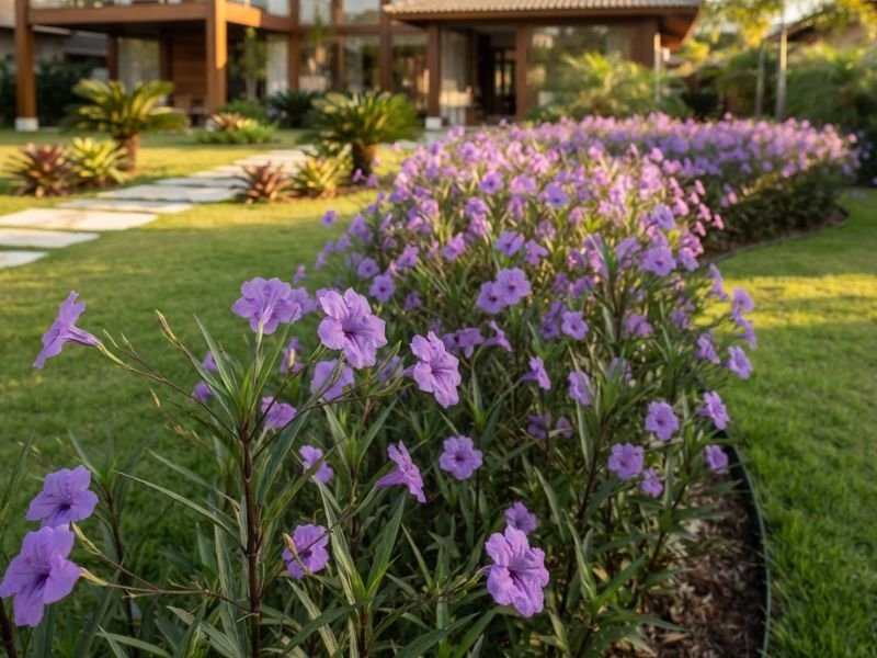 Maciço de ruélias com flores violetas acompanhando um canteiro curvo em jardim residencial ensolarado.