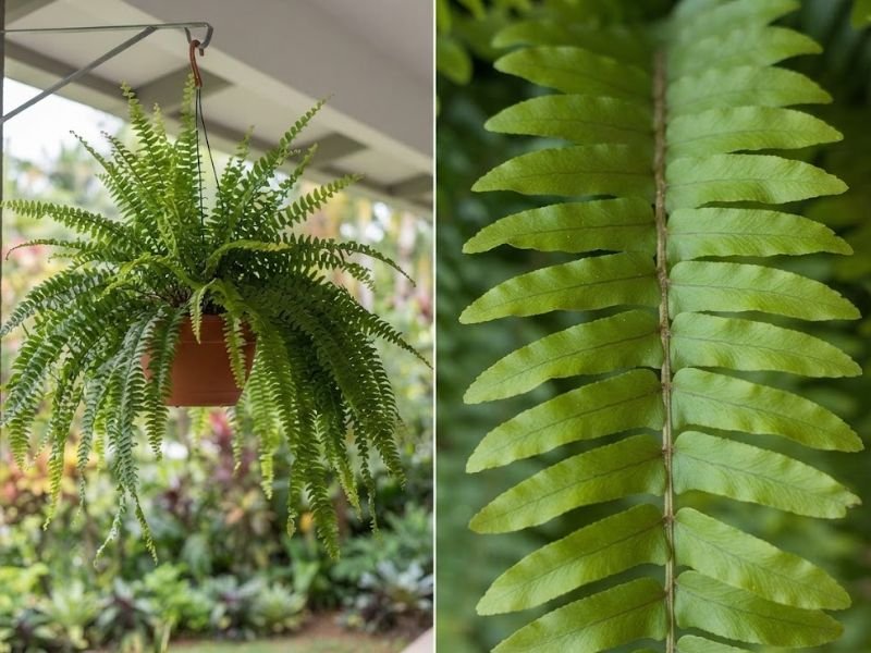 Samambaia-americana em vaso suspenso e detalhe de uma fronde com segmentos verdes alongados.