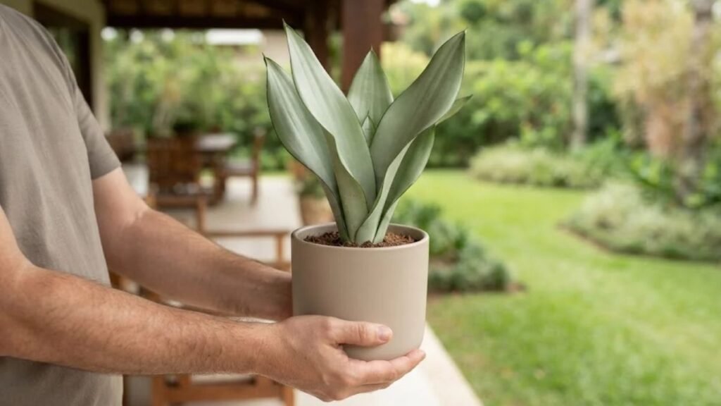 Pessoa segurando vaso com Sansevieria Moonshine de folhas verde-prateadas em varanda com jardim ao fundo.