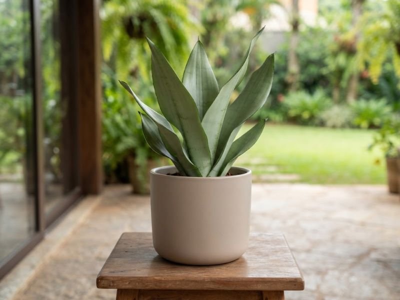 Sansevieria Moonshine compacta em vaso bege sobre banco de madeira, com folhas verde-prateadas e pontiagudas.