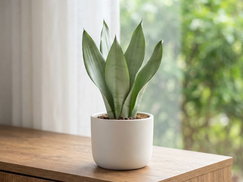 Sansevieria Moonshine jovem em vaso branco sobre aparador, com folhas largas verde-prateadas e margens verde-escuras.