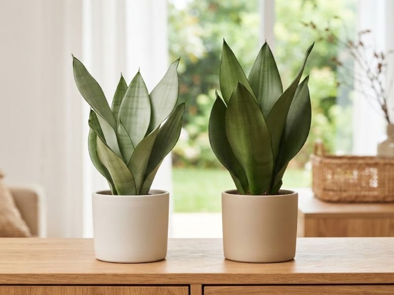 Comparação entre duas Sansevierias Moonshine, uma com folhas verde-prateadas claras e outra com folhagem verde-oliva.