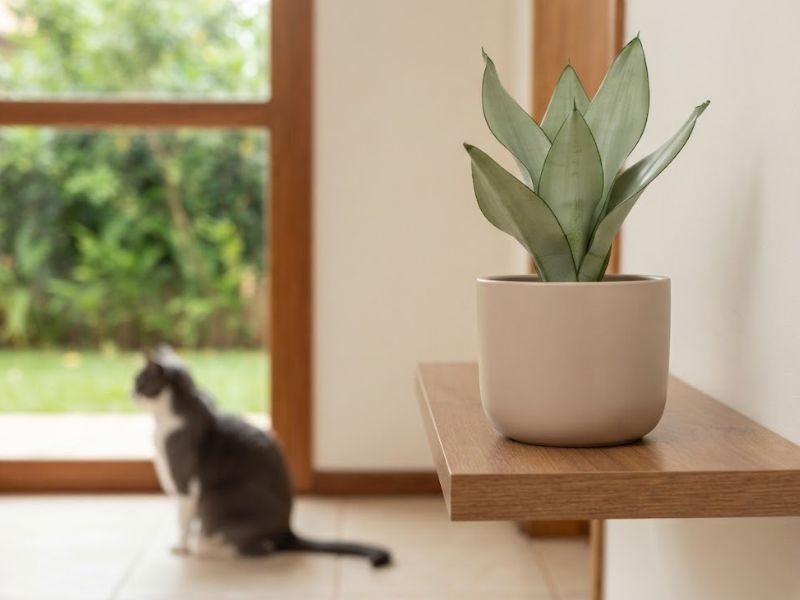 Sansevieria Moonshine em vaso sobre prateleira de madeira, com gato cinza e branco sentado distante, próximo à janela.