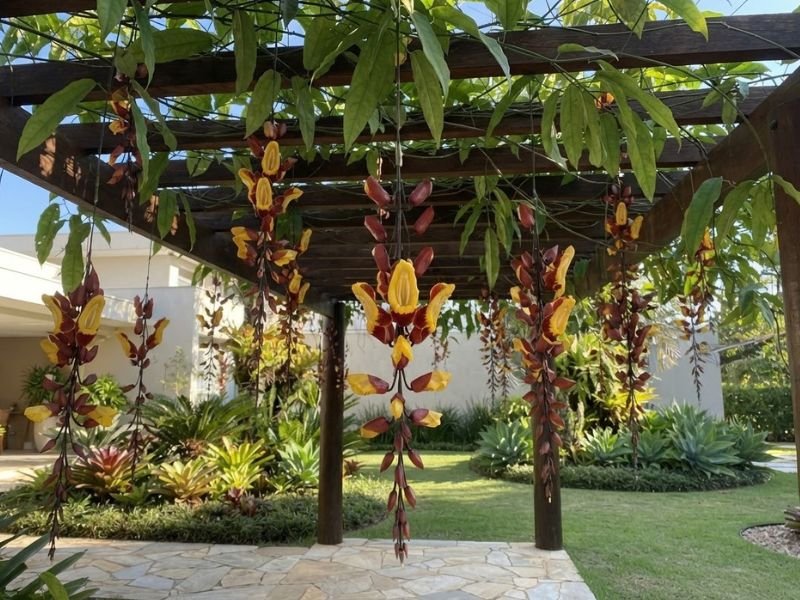 Cachos pendentes de sapatinho de judia com flores amarelas e avermelhadas sob um pergolado.