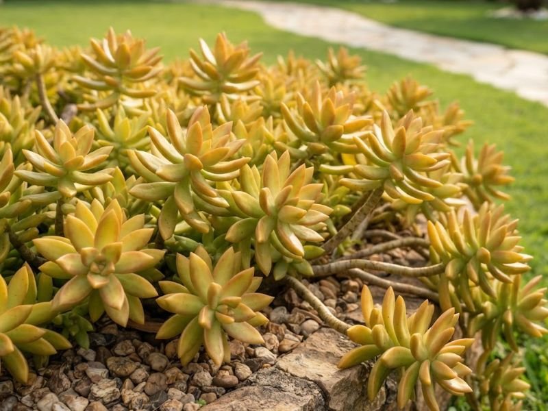 Sedum adolphii com folhas douradas em canteiro ensolarado