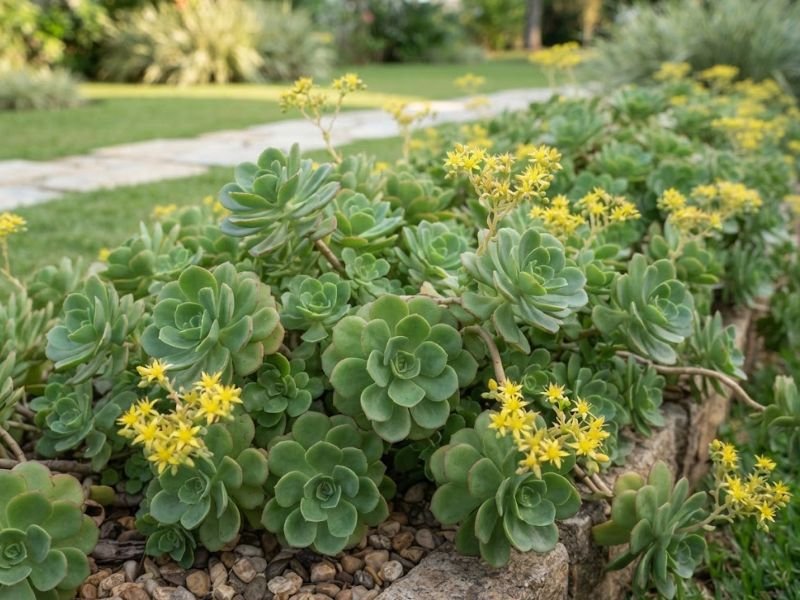 Sedum palmeri com rosetas verdes e flores amarelas no jardim