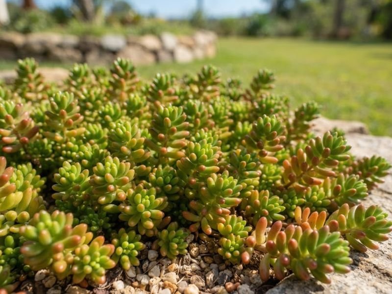 Sedum rubrotinctum com folhas pequenas e pontas avermelhadas