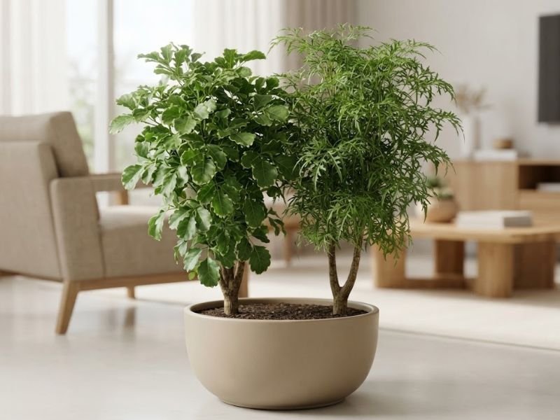 Árvore da felicidade macho e fêmea plantadas juntas em vaso largo de cerâmica, com dois caules e folhagens diferentes em sala residencial.