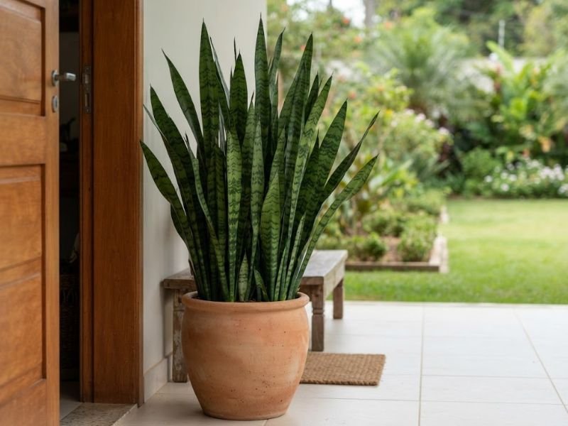 Espada de São Jorge verde em vaso de barro posicionada ao lado da porta de entrada de uma residência com jardim ao fundo.