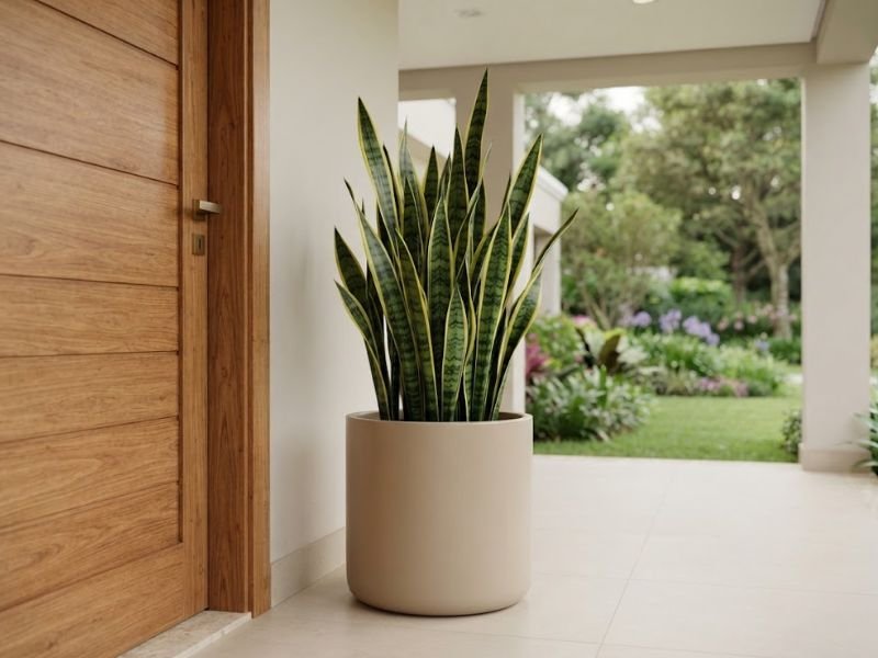 Espada de Santa Bárbara em vaso bege junto à porta de entrada de uma residência, com jardim verde ao fundo.