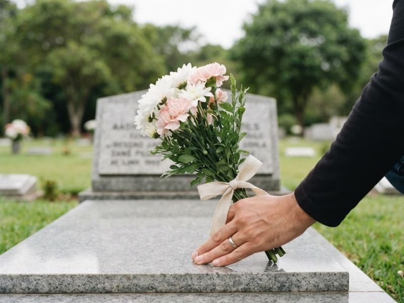 Pessoa segurando um buquê de flores brancas e rosa-claro junto a uma sepultura de granito.