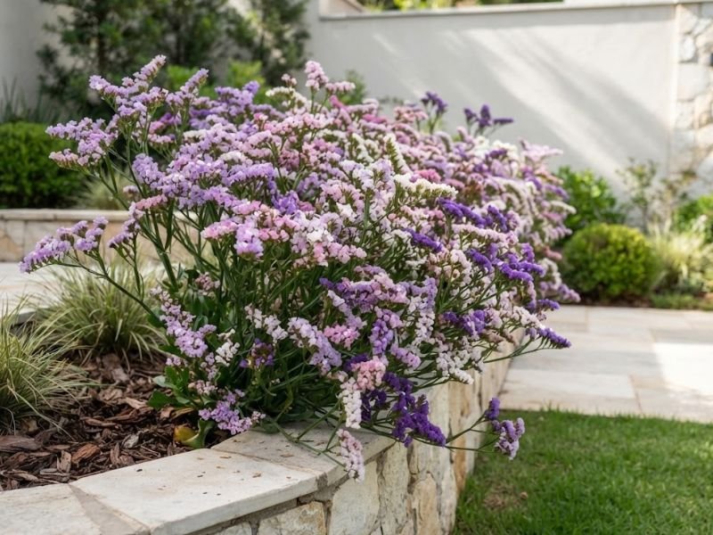 Statice lilás rosa e branca cultivada em canteiro elevado no jardim