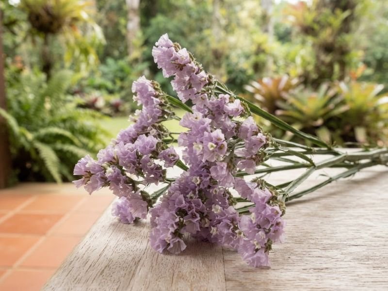 Hastes de statice lilás com pequenos agrupamentos florais sobre uma mesa de madeira.
