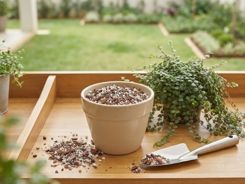 Preparo de substrato para columeia micrófila, com vaso contendo casca de pinus e perlita sobre bancada de jardinagem.