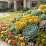 Suculentas de sol pleno em canteiro de jardim residencial bem cuidado