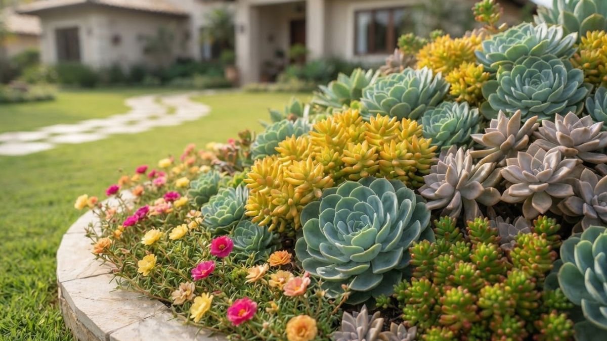 Suculentas de sol pleno em canteiro de jardim residencial bem cuidado