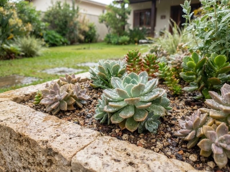 Paisagismo com suculentas de sol pleno em jardim residencial