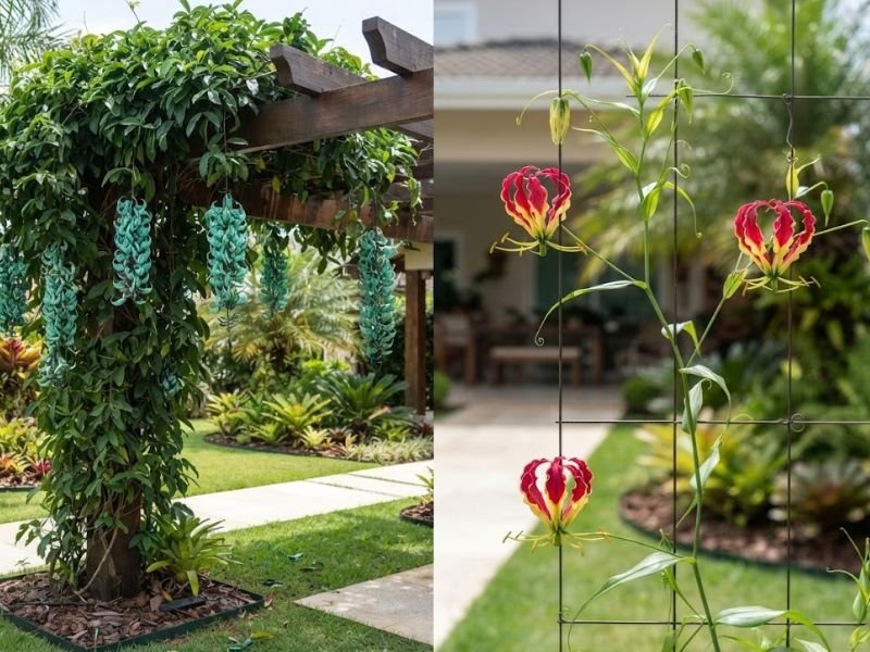 Trepadeira jade em pergolado robusto e gloriosa em suporte leve