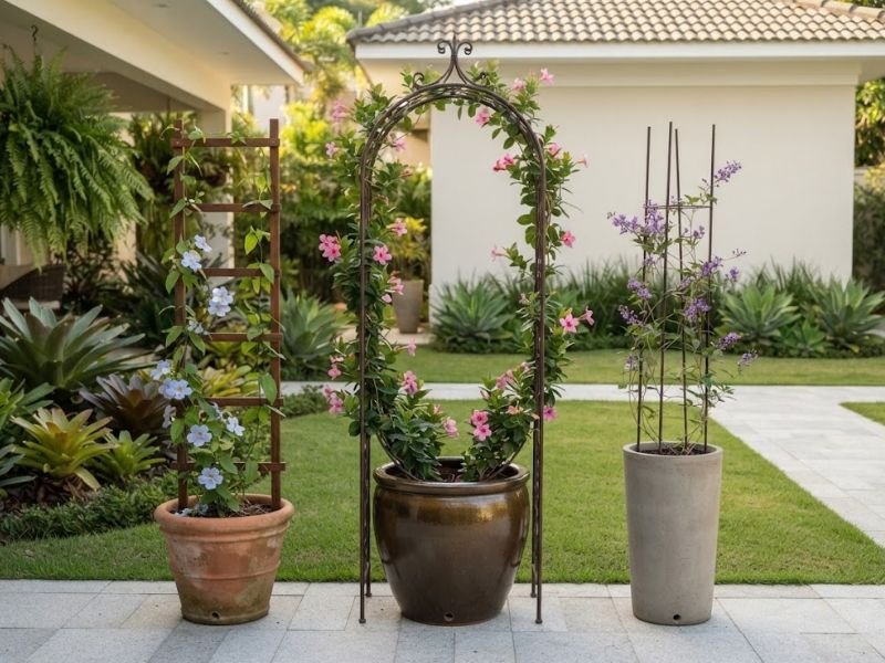 Vasos com treliça arco e diferentes suportes para plantas trepadeiras