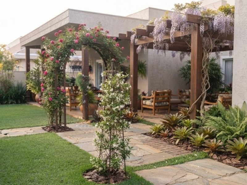 Arco treliça e pergolado usados como suportes para plantas trepadeiras