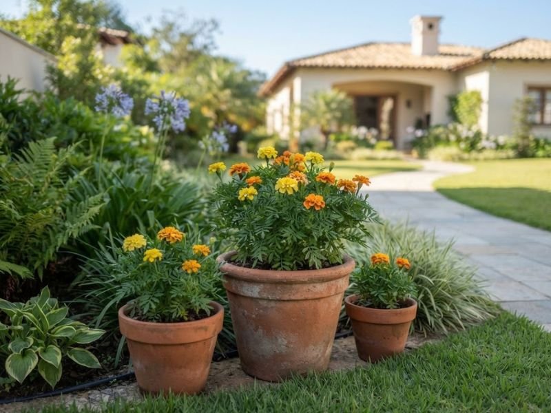 Tagetes amarelos e alaranjados cultivados em três vasos junto ao canteiro