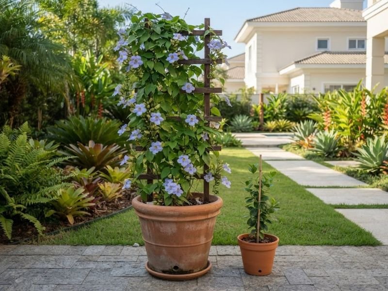 Trepadeira em vaso grande comparada a recipiente menor no jardim