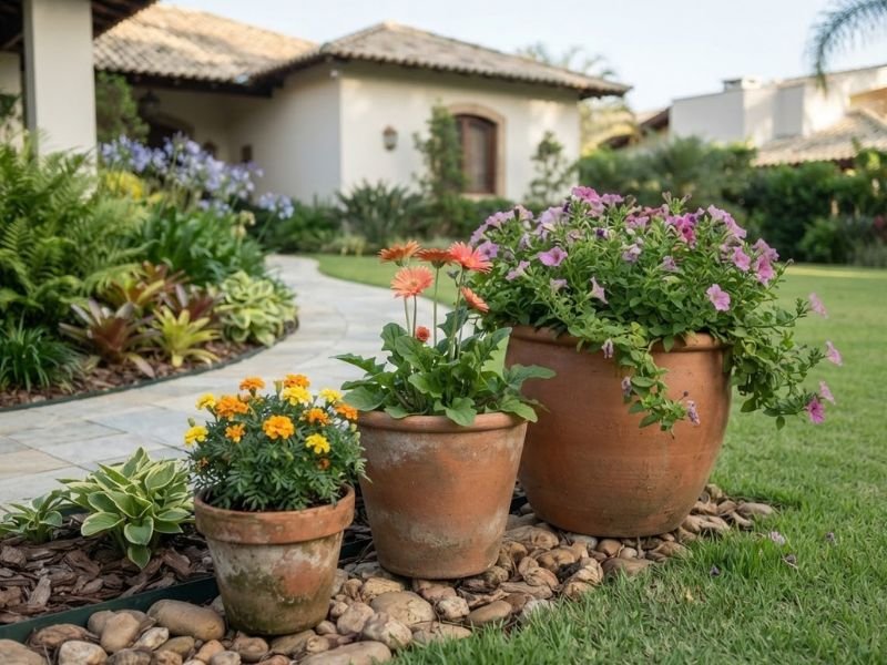 Vasos pequeno, médio e grande com plantas floridas de diferentes portes