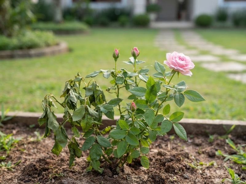 Mini roseira com algumas folhas murchas, brotos verdes e flor rosa em canteiro.