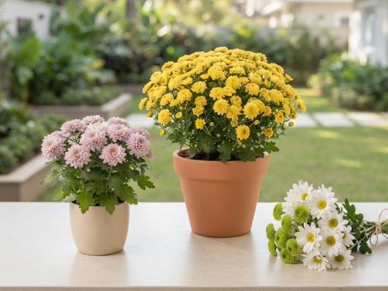 Crisântemos em vasos de portes diferentes ao lado de buquê com flores brancas e pompons verdes.